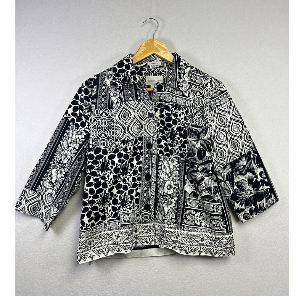 Drapers & Damons‎ Petites Black White Patchwork Print Button Up Shirt Top 10P